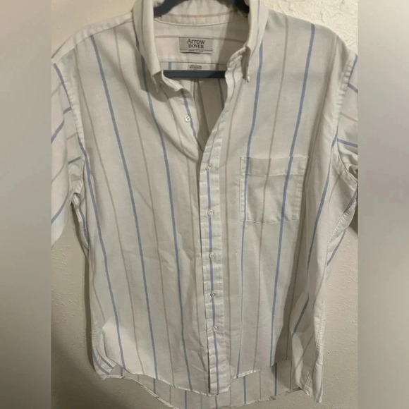 Men’s Arrow Dover White, Tan And Blue Striped With Pocket Button Down Shirt 16.5 - Picture 6 of 11